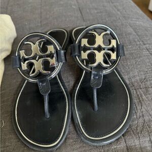 Tory Burch Black Leather Logo Thong Sandals with Gold Logo